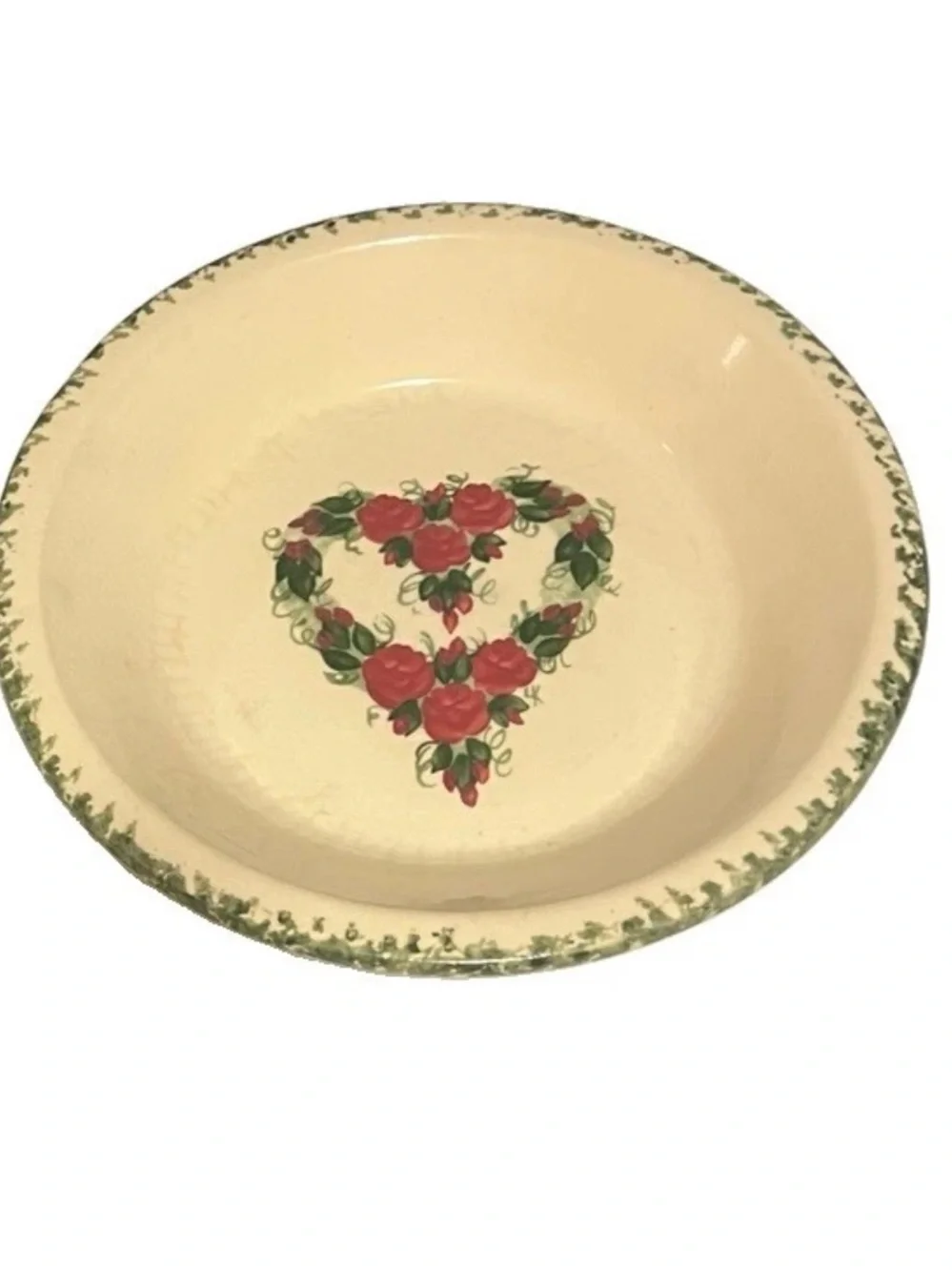 E. Texas Pottery Stoneware Pie Plate 11'' Green Spongeware/Floral Heart VINTAGE